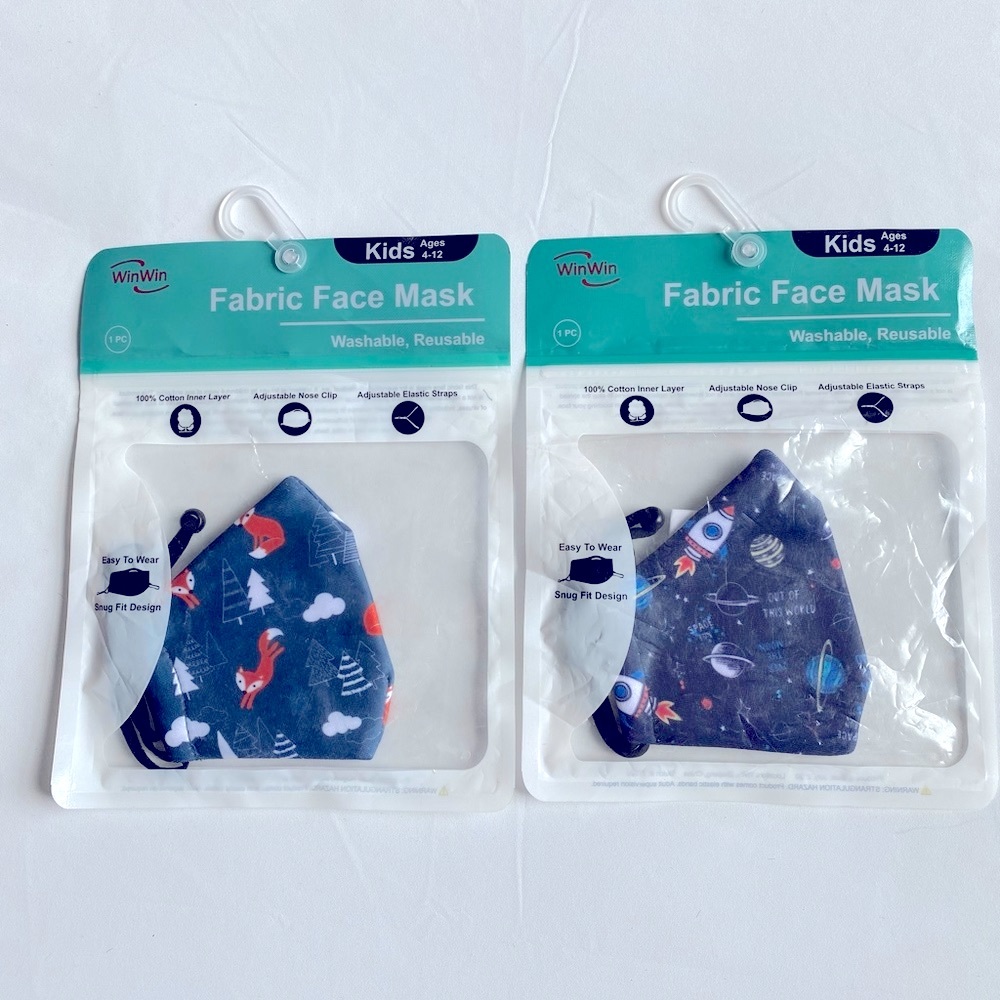 WinWin Children’s Fabric Face Masks.  Lot of 2.  Unisex. Reusable.  New in pkgs